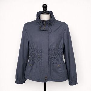 Due Per Due Ruffle Collar Utility Jacket Blue Lightweight Zip Snap Coat M